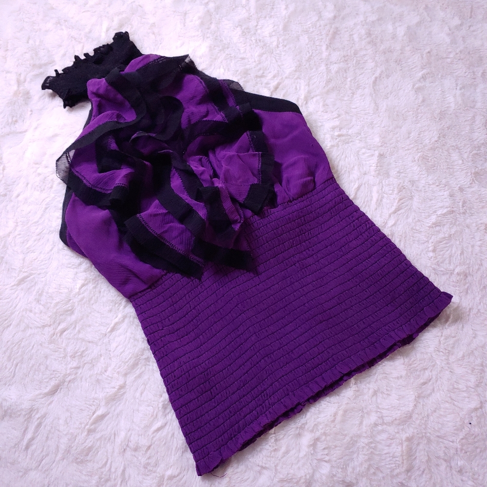 Bebe Purple Ruffled Silk High Neck Top